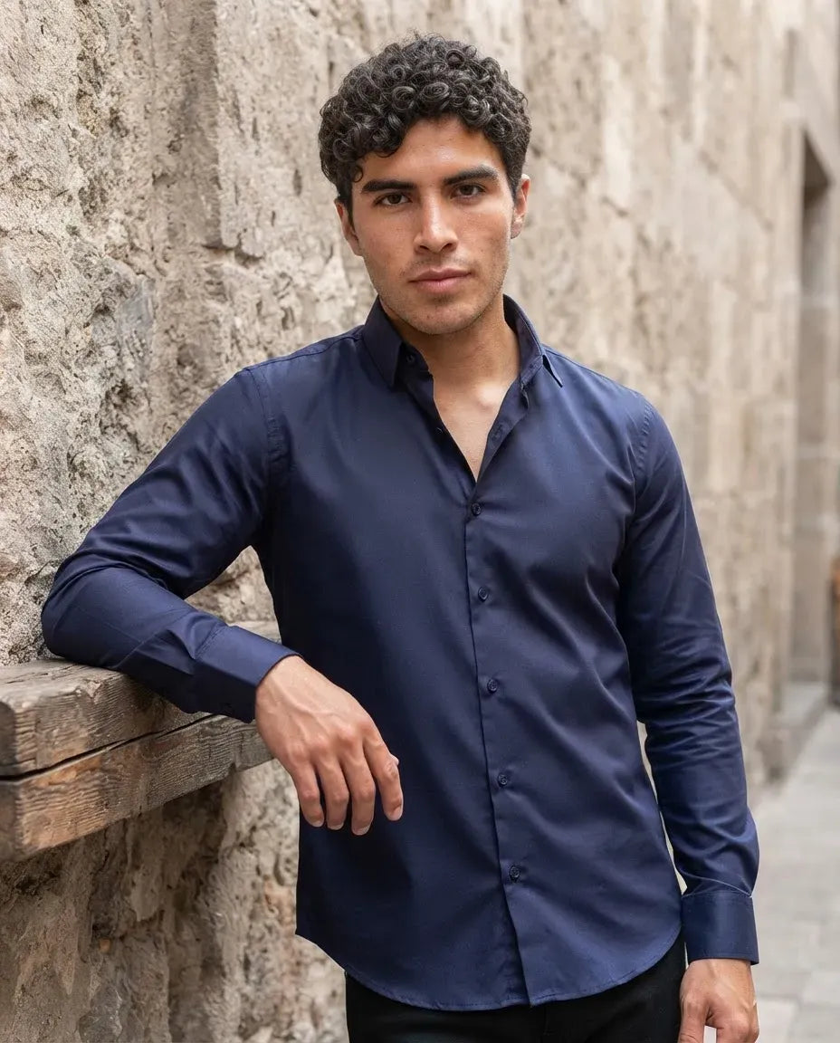 Camisa Moonkey Manga Larga Lisa Azul Marino — Nocturne Ink