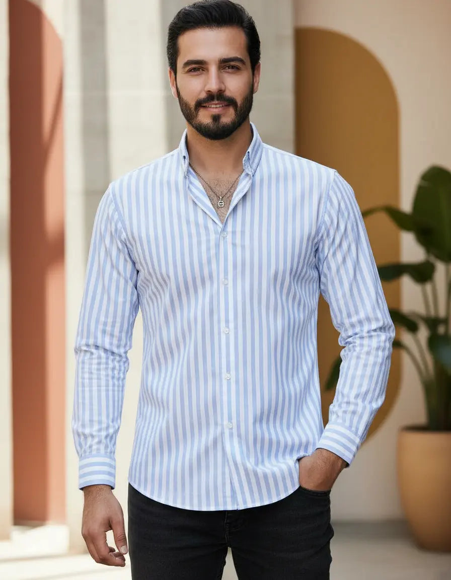 Camisa Moonkey Manga Larga Rayas Azul Claro — Chalk Ridge