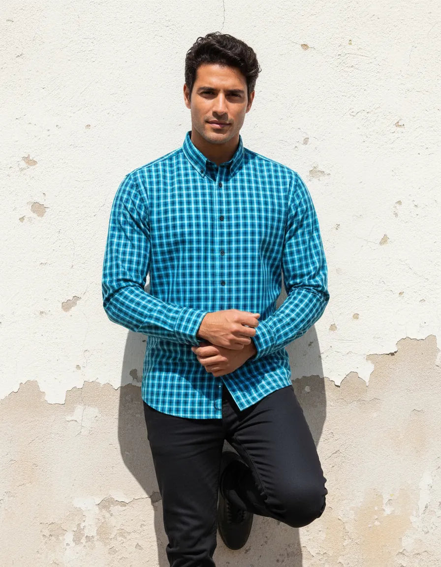 Camisa Moonkey Manga Larga Cuadros Azul — Pacific Mist