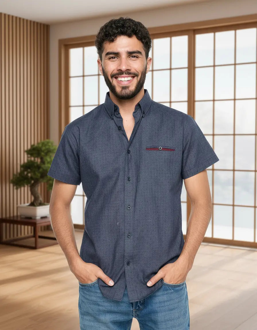 Camisa Manga Corta Slim Fit Estampada Marino