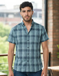 Camisa Manga Corta A Cuadros Slim Fit Azul Petróleo.
