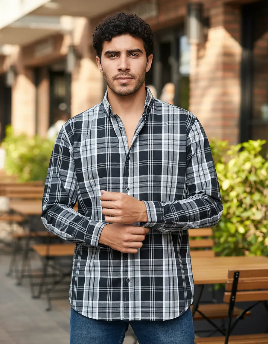 Camisa Moonkey Manga Larga Cuadros Gris — Cream Latte