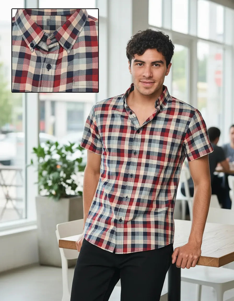 Camisa Manga Corta A Cuadros Slim Fit Multicolor