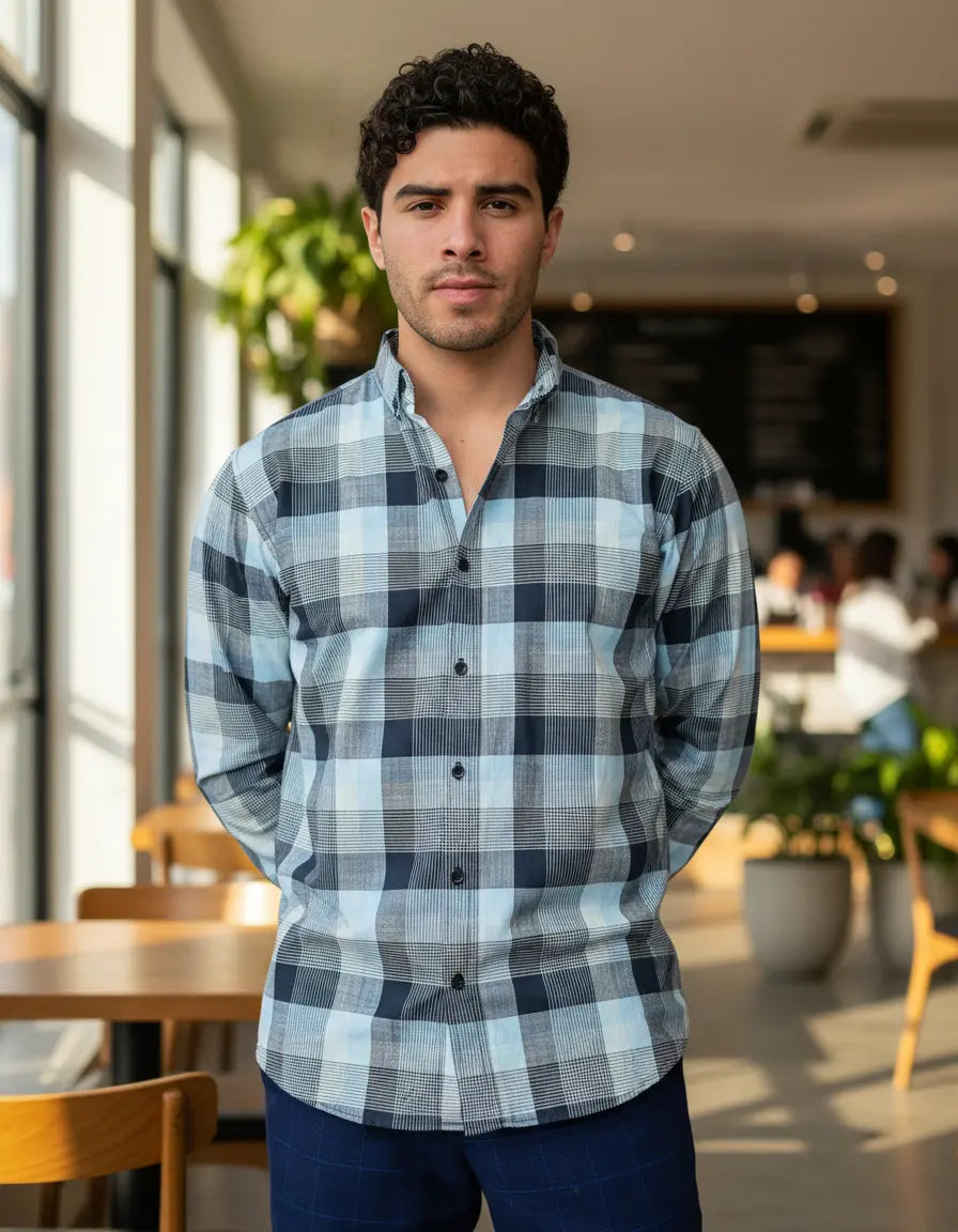 Camisa Moonkey Manga Larga Cuadros Azul Claro — Baltic Frost