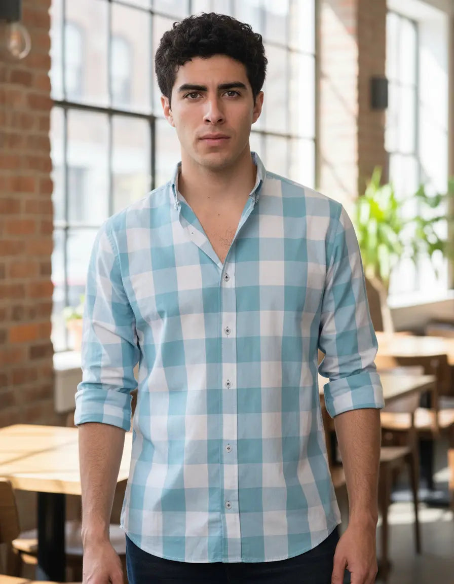 Camisa Moonkey Manga Larga Cuadros Azul Claro — Dune Ivory