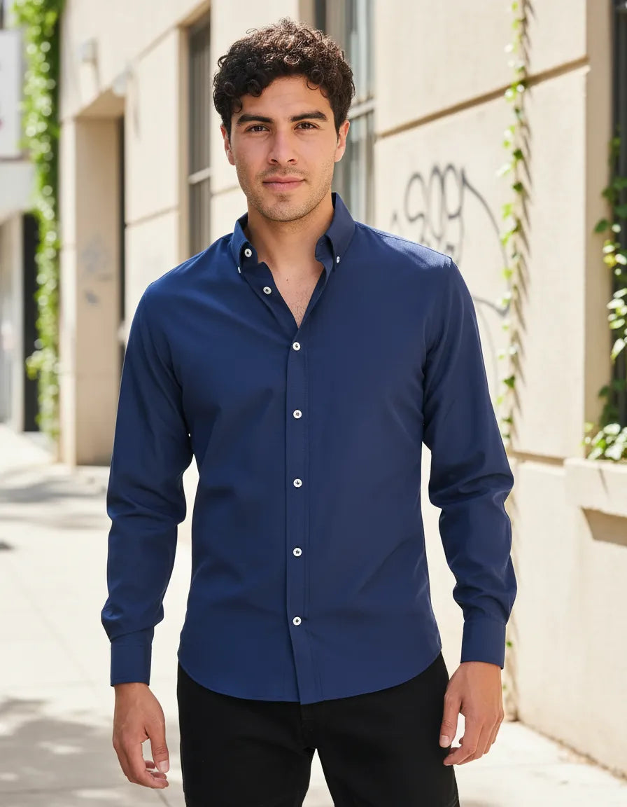 Camisa Moonkey Manga Larga Lisa Azul Marino — Skyline Blue