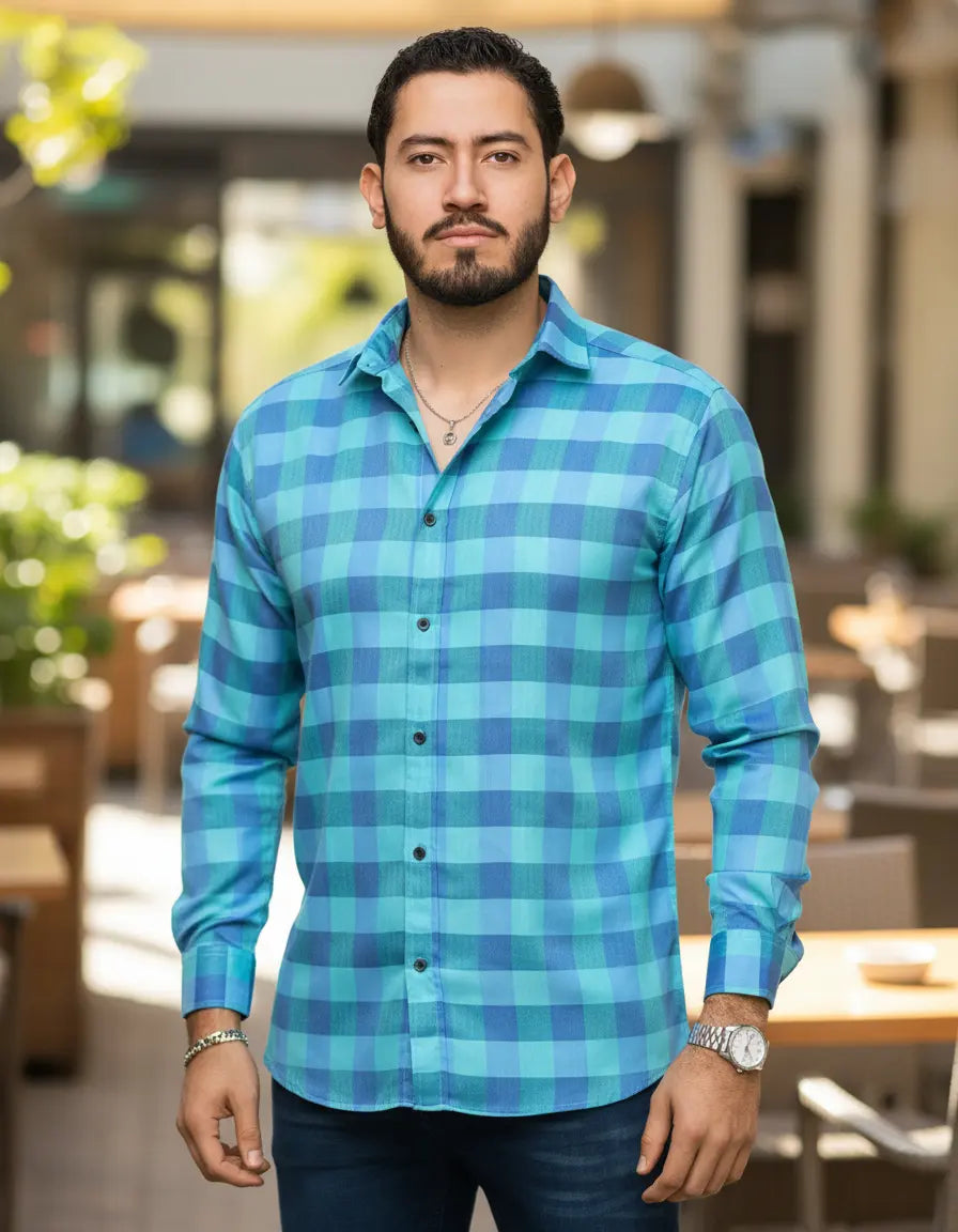 Camisa Moonkey Manga Larga Cuadros Azul — Midnight Tide
