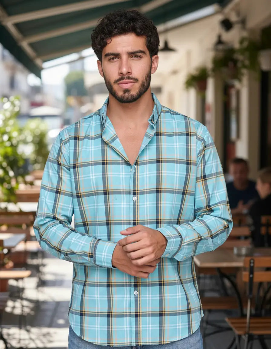 Camisa Moonkey Manga Larga Cuadros Azul Claro — Aegean Rift