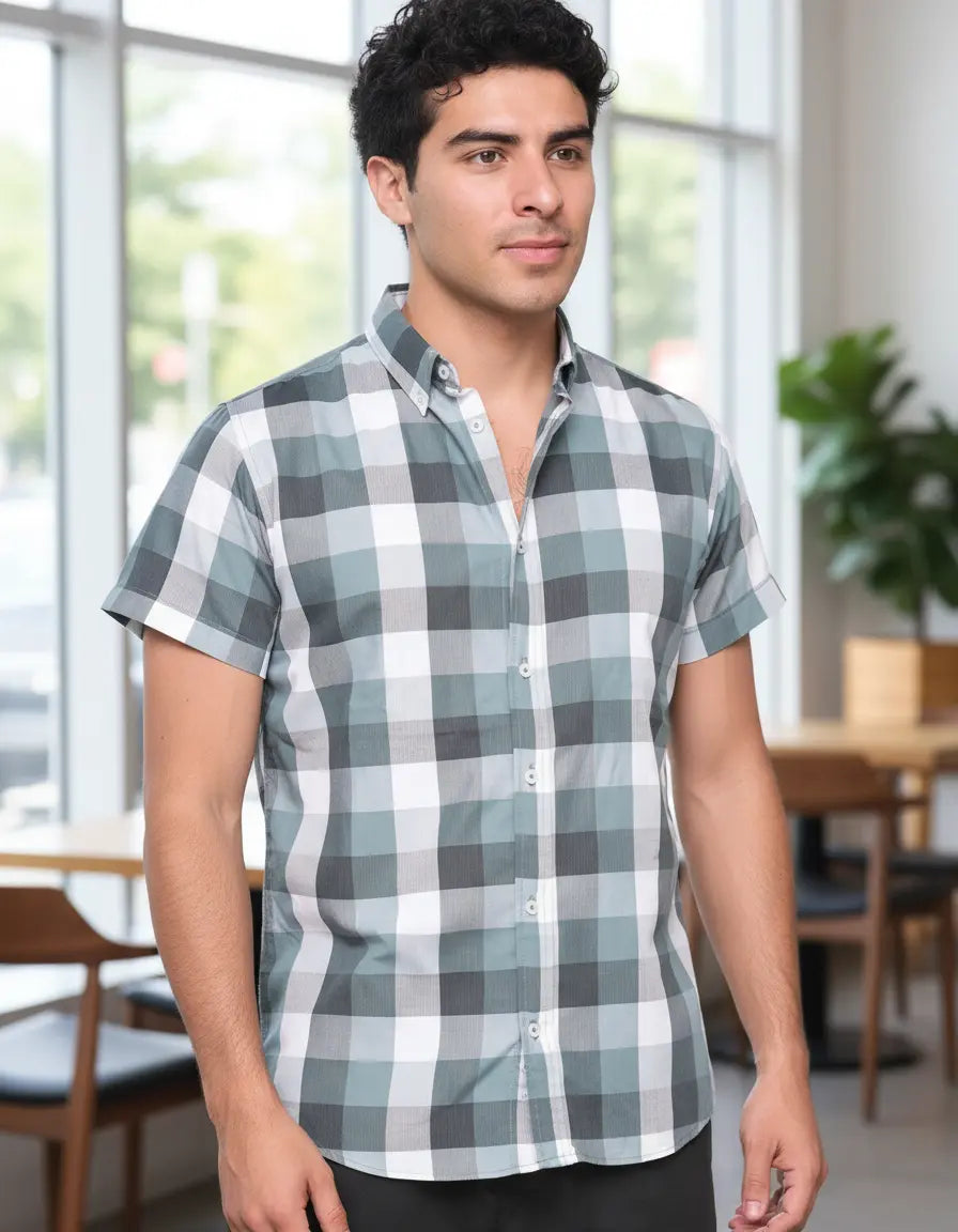 Camisa Manga Corta Slim Fit A Cuadros Multicolor