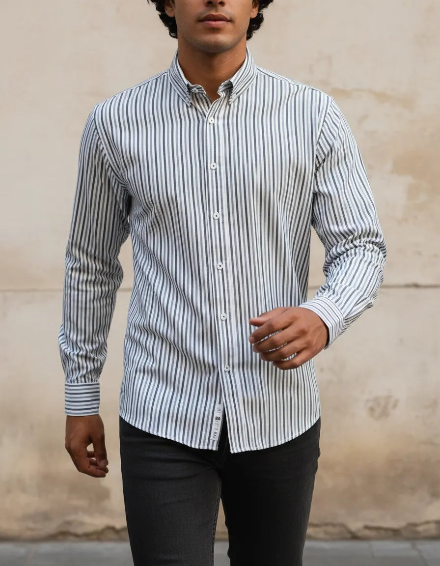 Camisa Moonkey Manga Larga Micro-rayas Gris — Storm Grey