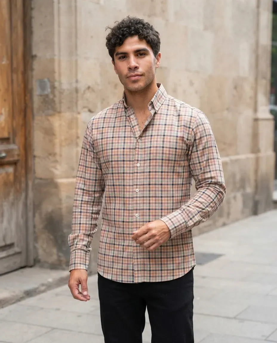 Camisa Moonkey Manga Larga Cuadros Beige — Dune Beige