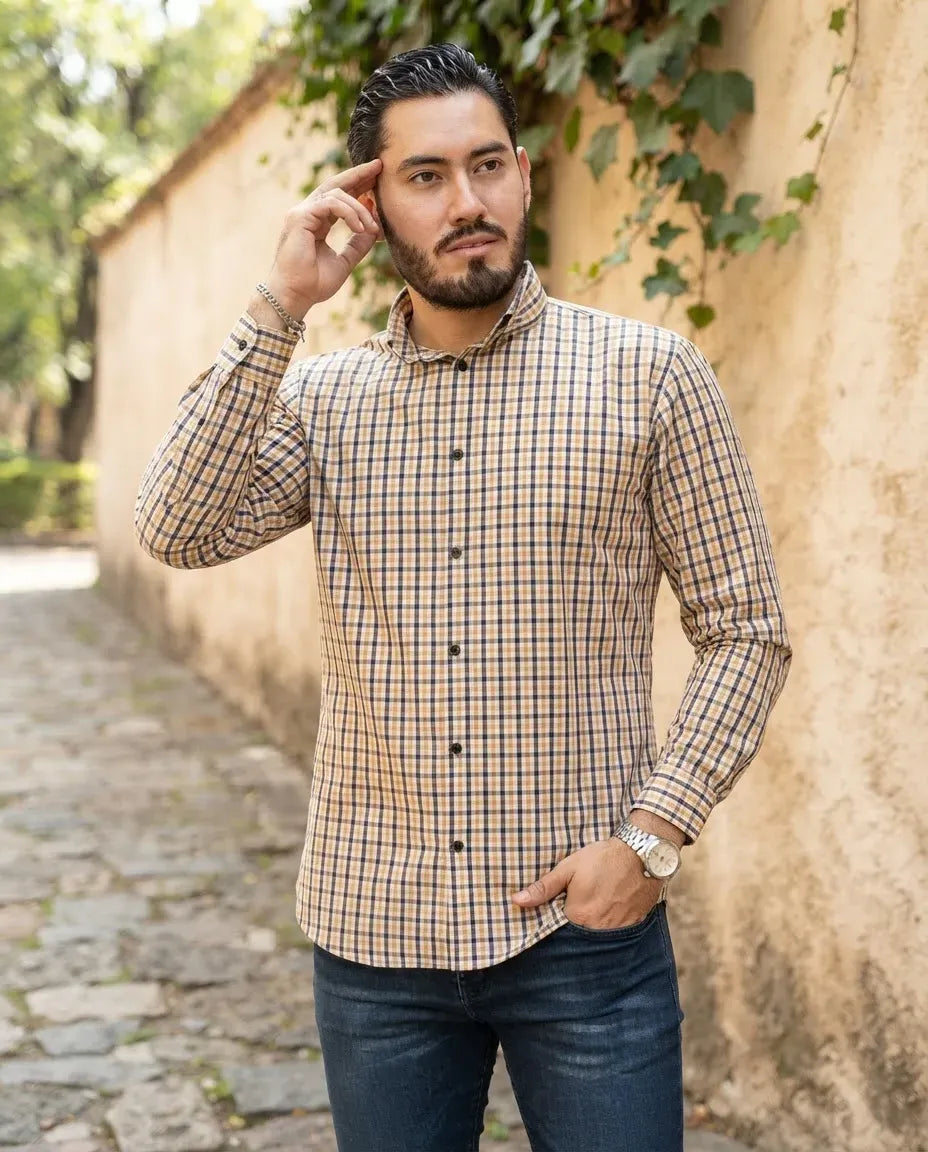 Camisa Moonkey Manga Larga Cuadros Amarillo — Marigold Field