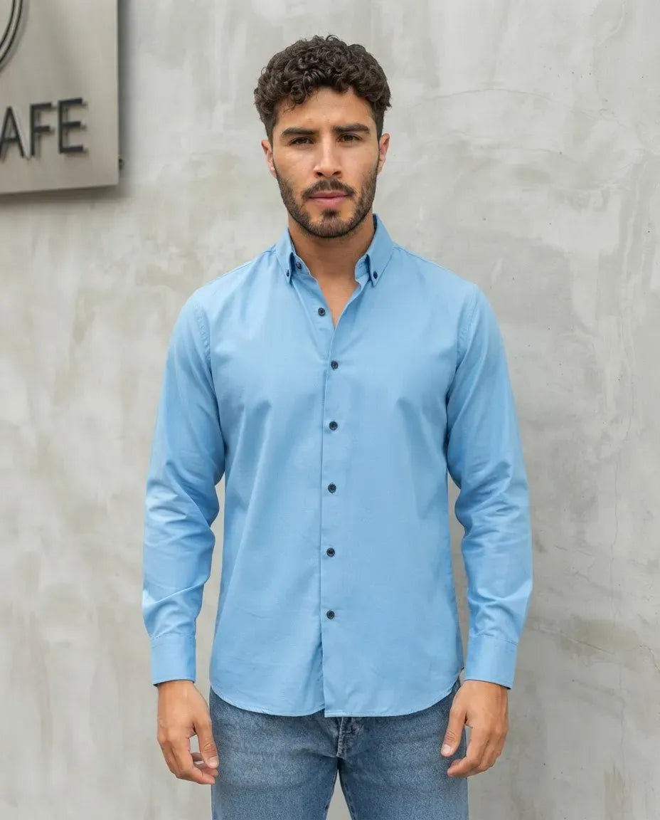 Camisa Monkey Manga Larga Lisa Azul Claro — Snowdrift Lane