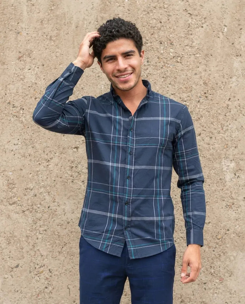 Camisa Moonkey Manga Larga Cuadros Azul Marino — Aqua Drift