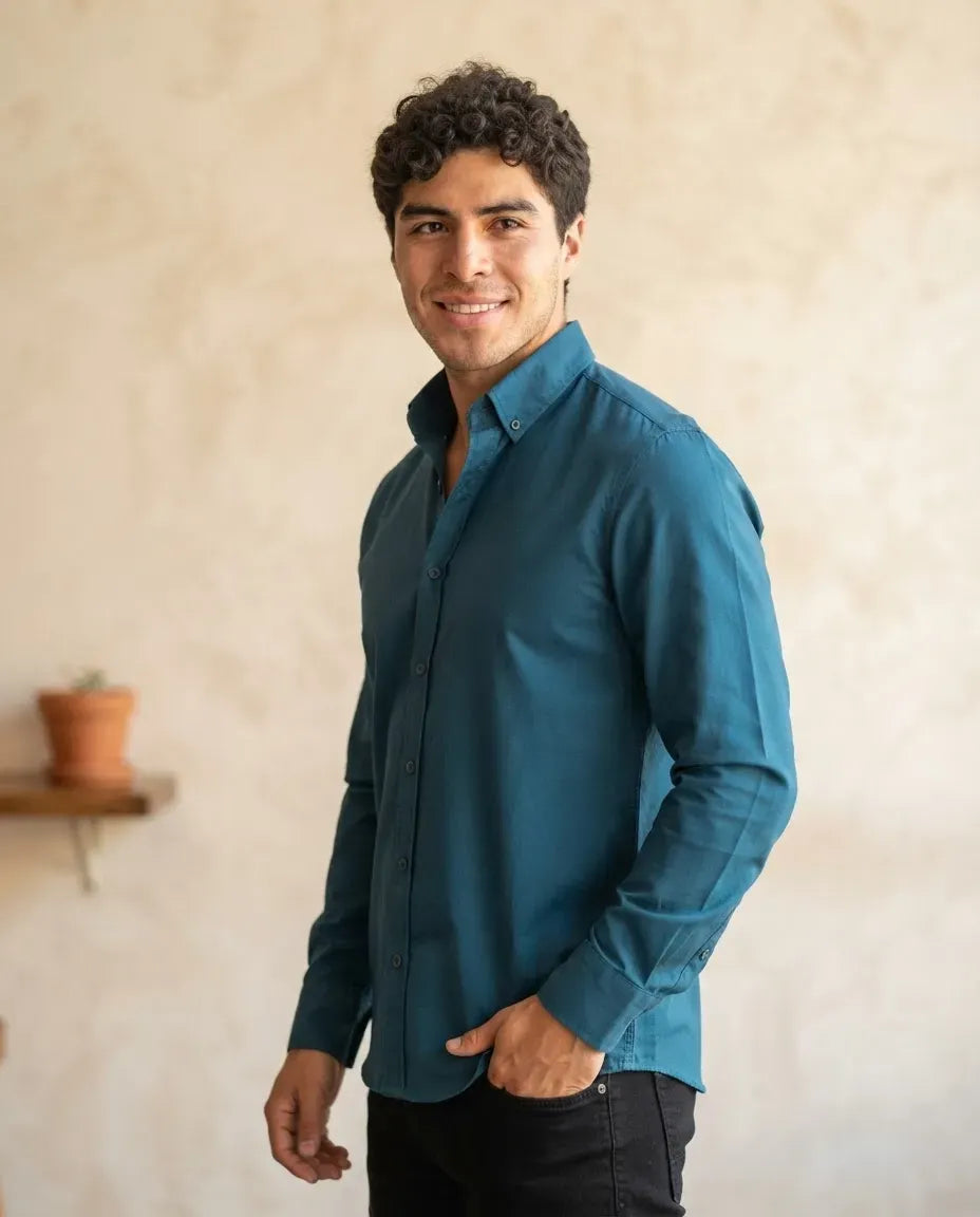 Camisa Moonkey Manga Larga Lisa Azul Petróleo — Graphite Dusk