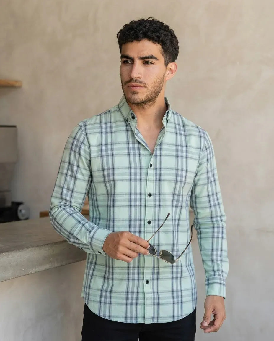 Camisa Moonkey Manga Larga Cuadros Verde — Verdigris Wave